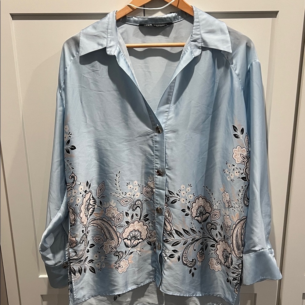 Zara Light Blue Oversized Button Down Shirt Size XS